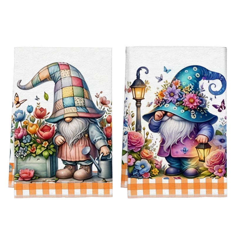 

[soft Texture] Whimsical Gnome Kitchen Towels - 2pcs, 18x26 Inches, Soft & Absorbent Polyester Dish Towels With Floral Gnome Designs, Easter, Holidays, And Home Decor, Gnome Kitchen Decor