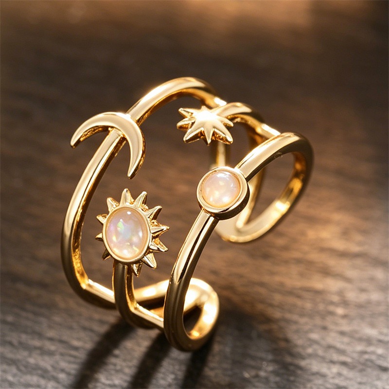Women's Bohemian Engraved Moon Sun Star Adjustable Ring, Vintage Opal