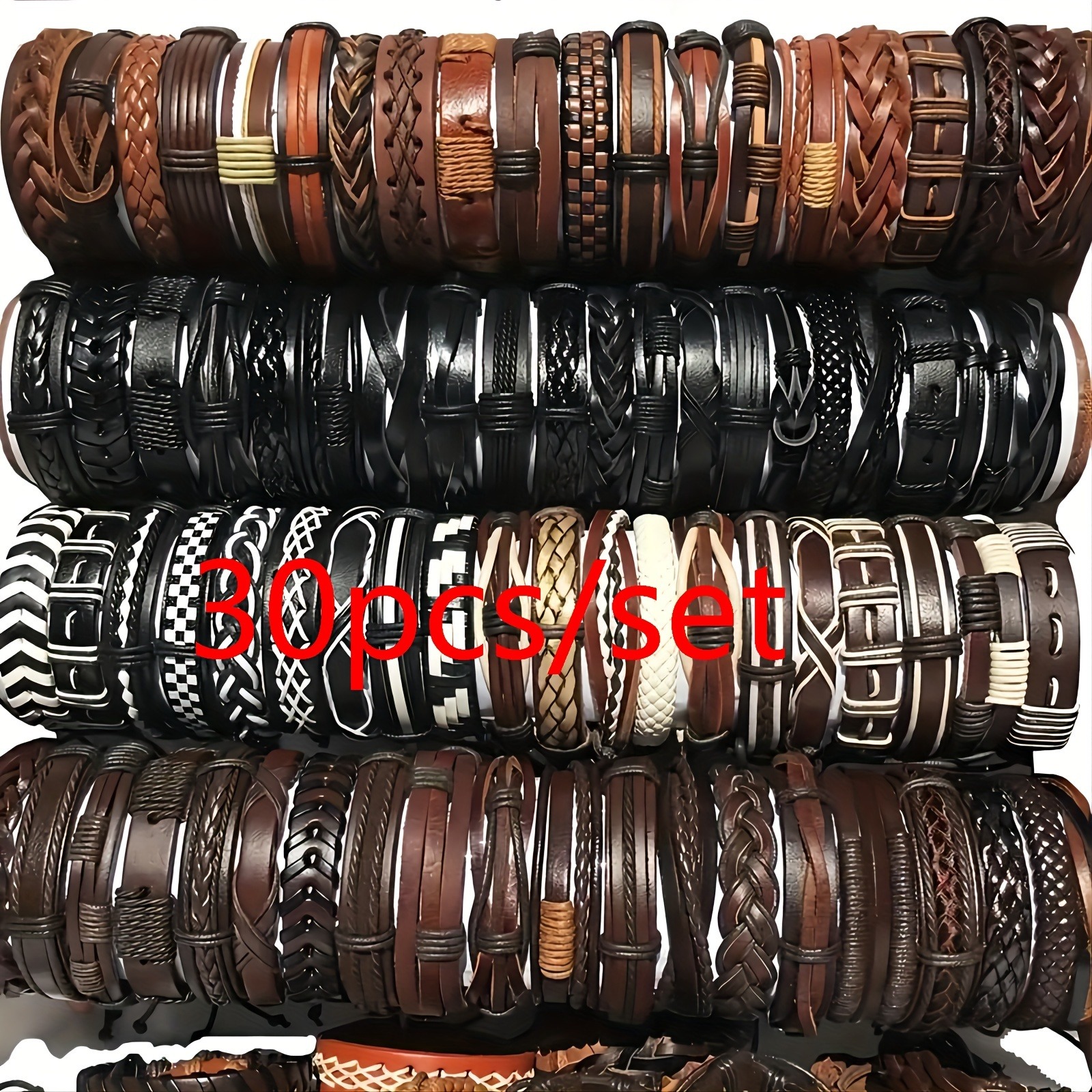 TEMU de Fête Bracelets, Charmants Bracelets de Style Western 30pcs/Set, Couleurs et Styles Aléatoires, Emballage Bracelets Tissés en Similicuir pour