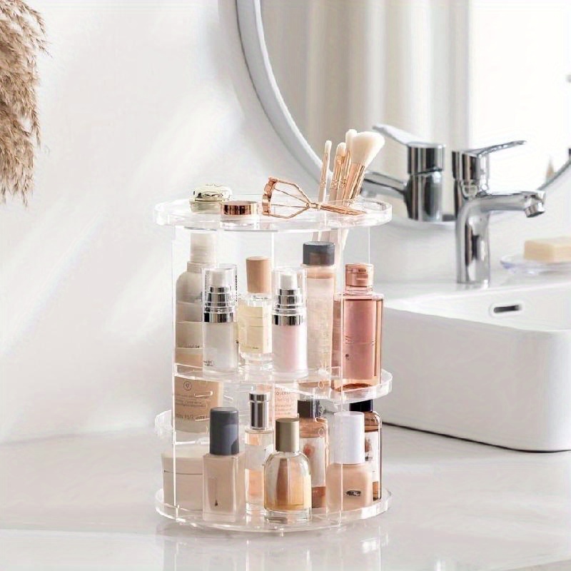 360 rotating makeup organizer transparent vanity shelf with multi tiered compartments space saving cosmetic storage for bathroom desk dressing table heavy duty plastic construction easy clean vanity tray makeup vanity desk sleek beauty holder   material sturdy construction skincare routine Product details 1