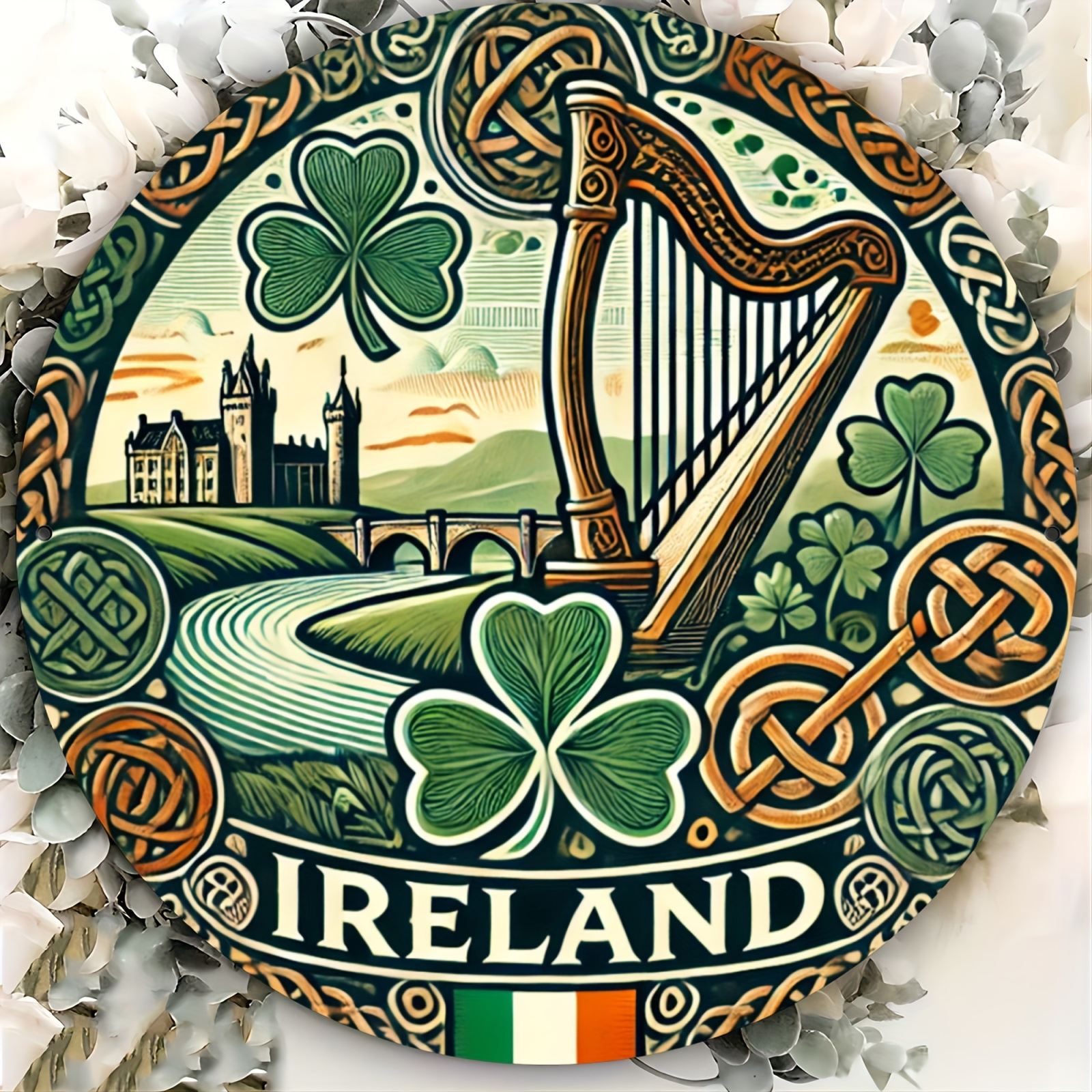 TEMU 2d Flat, 1pc Irish-themed Metal Wall Plaque - Vintage Irish Decor Featuring Shamrocks, Celtic Knots, Harp - Green, Golden, Brown Colors - 8x8