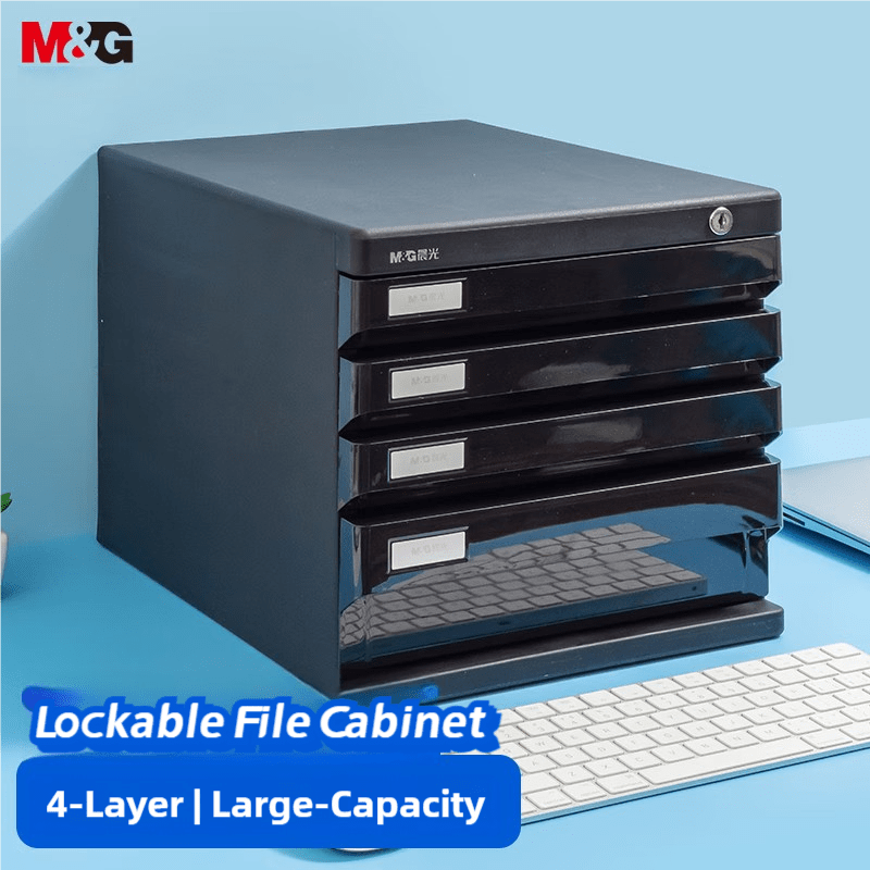 

1pc M&g 4-layer Lockable File Cabinet, Plastic A4 Storage Organizer With Safety Lock And Index Labels, Desktop Drawer-type Office Supplies, Black