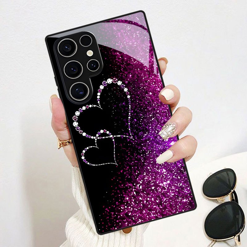 TEMU Phone Case: Purple Heart-shaped Beaded Chain Pattern Tempered Glass Phone Case For S26 Ultra, S26 Plus, S26, S25 Fe, S25 Ultra, S25 Plus, S25 ,