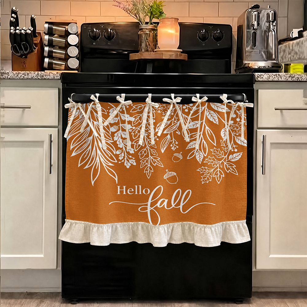 TEMU 2d Flat, 2d Autumn Farmhouse Style, Kitchen Decor, Multifunctional Oven Protective Curtain, Leaf Pattern With Hem, Fabric, Enthusiasts And