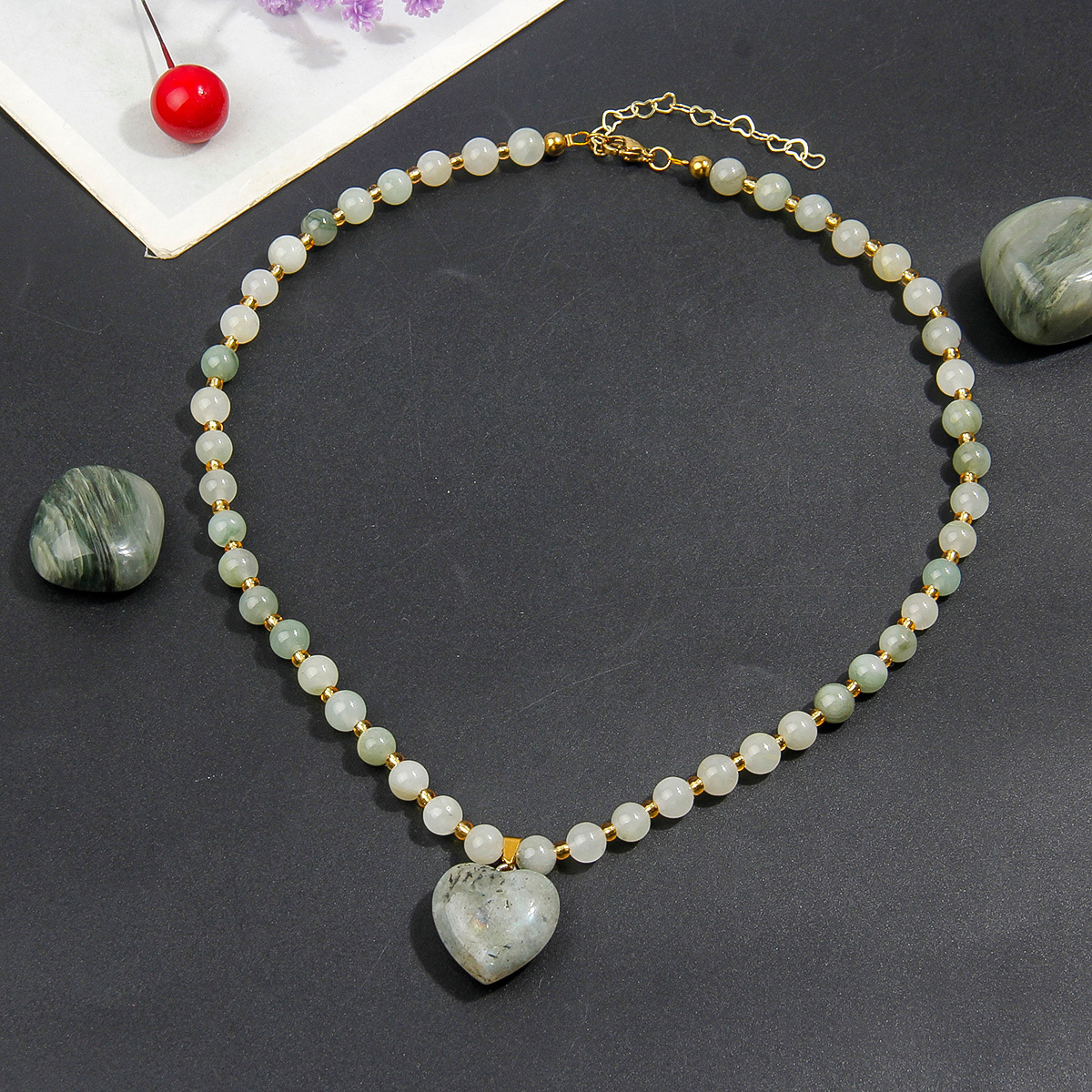 Natural Stone Beaded Necklace with Heart-shaped Stone Pendant