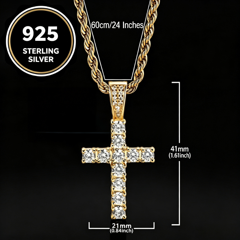 Image of 925 Golden Silvery 5a Zirconia Cross Pendant Necklace For Men, Hip Hop Trendy Jewelry, Gift For Christmas Easter Birthday Valentine's Day Father's Day Anniversary New Year, With Gift Box