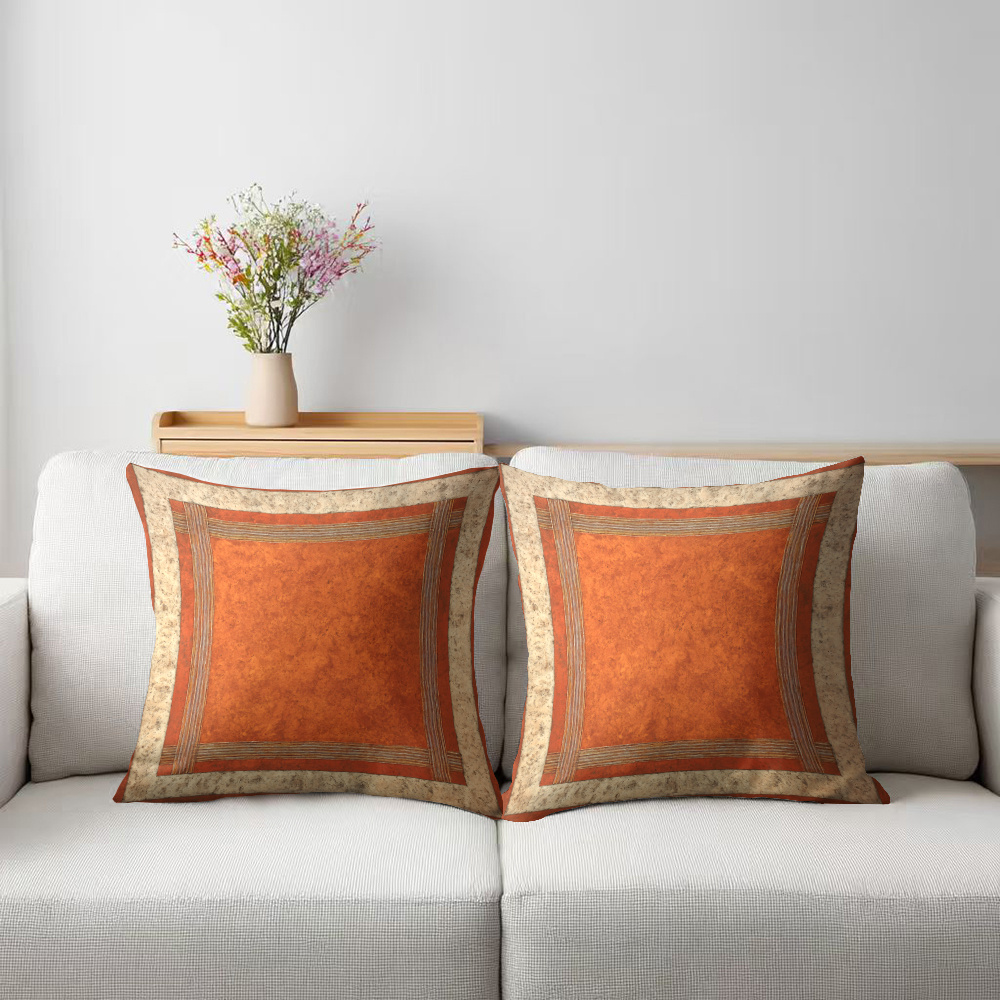 TEMU 2d Flat - 2d Printing 2pcs Pillowcases, Retro Warm Orange Border Pillow Covers, Suitable For Sofa, Bedroom, Office, Home Decor, Gift, Zipper