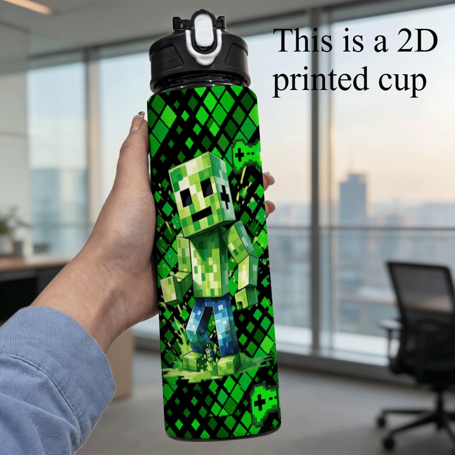 TEMU 1 bouteille d'eau imprimée 2D de 25 oz/750 ml avec couvercle et paille, tasse de voyage. Un bloc vert pixelé se sur un fond verdigreillage, avec