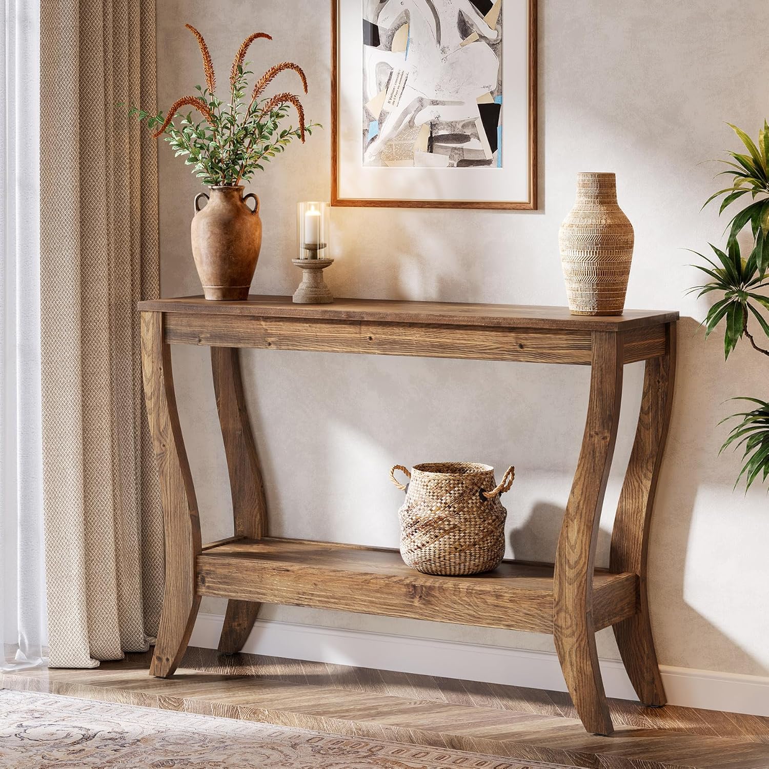 Solid Wood Console Table With Storage, 41.3-inch Farmhouse Entryway Table With Shelf, 2-tier Wooden Sofa Table For Living Room, Hallway, Foyer, Brown