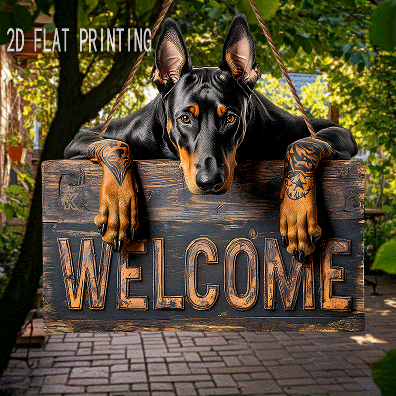 E-shop 2D-Flach, 2D-Fläche, . Dobermann-Willkommensschild, inklusive Holzseil, rustikale Weihnachts-Türdeko, weihnachtliches Vintage-Holzschild,