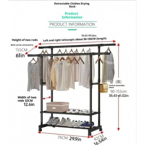 retractable clothes rack adjustable single double rod hanger with wheels and drying rack expandable garment organizer with shoe rack and shelves suitable for bedroom living room modern black freestanding hanger