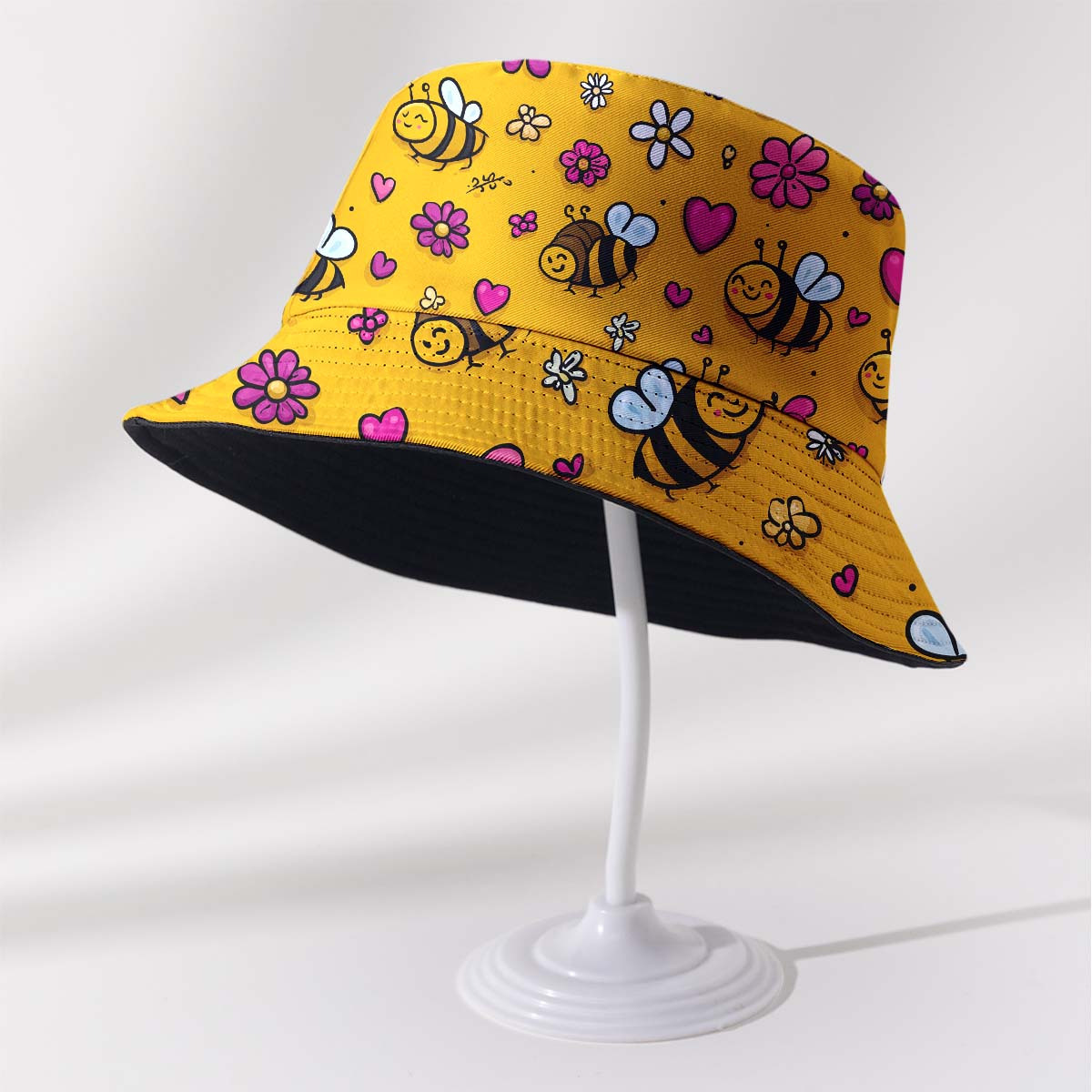 Image of 6- Boys And Girls Spring Summer Double-sided Fisherman Hat, Full Print Fisherman Hat For Hiking Leisure Holiday Gift, Bee, Flower, Heart, Outdoor Casual Hat