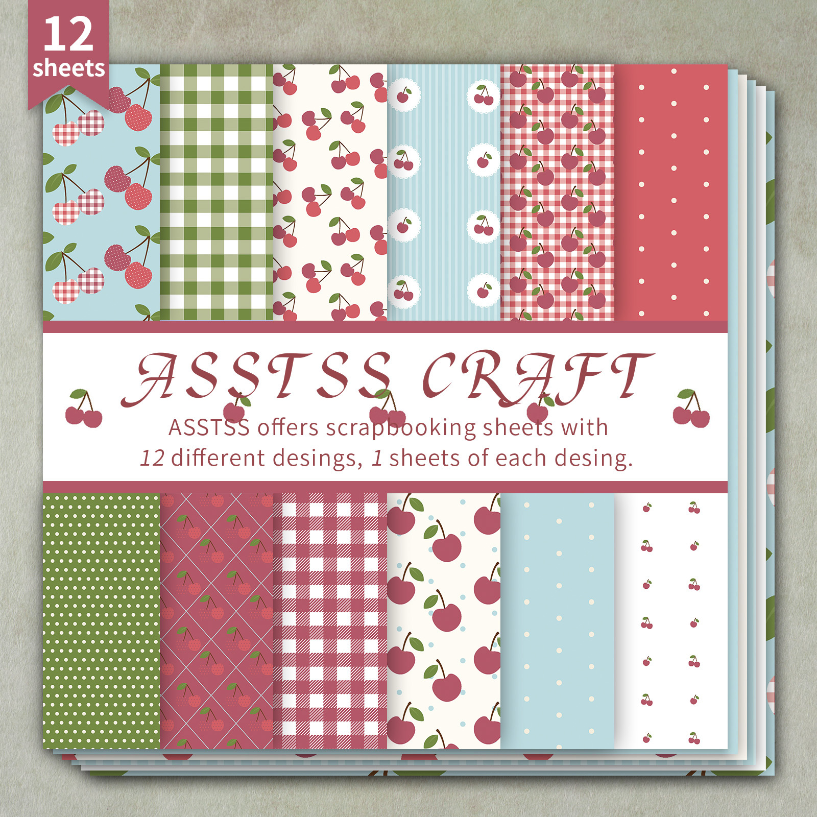 TEMU 12-sheet Asstss -inch Scrapbooking Paper Pad, Cherry Gingham Country Backing Paper Supplies, Heavyweight Cardstock For Journaling, Collage Art,