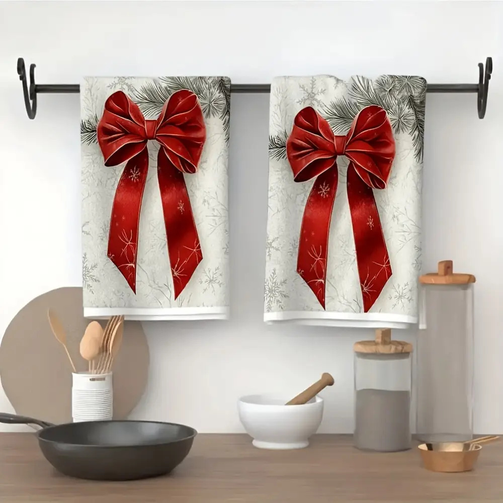 TEMU 2pcs Bow And Snowflake Towel Set- Lightweight, Absorbent, Quick-drying, Machine Washable Dish Cloths, Suitable For Kitchen, Gym Decoration- ,