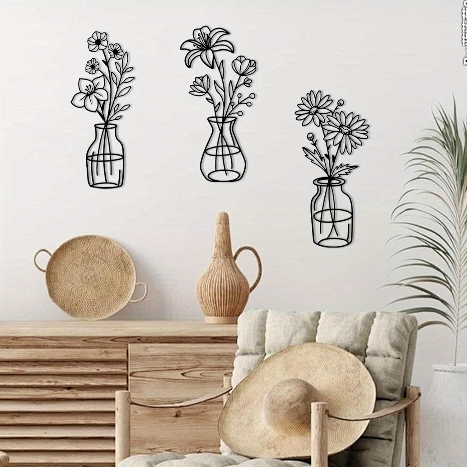 Décoration Murale Métal Fleur - Set De 3 Sculptures Pour Salon Ou Cuisine - Style Minimaliste