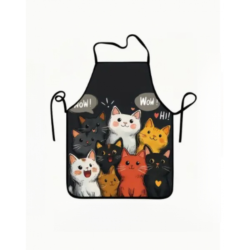 TEMU 1pc Cute Cat Print Apron - Durable Polyester, Adjustable Neck Strap, Ideal For Kitchen & Dining Use, Black With Colorful Cat Illustrations, Kitchen Apron| Design|adjustable Apron