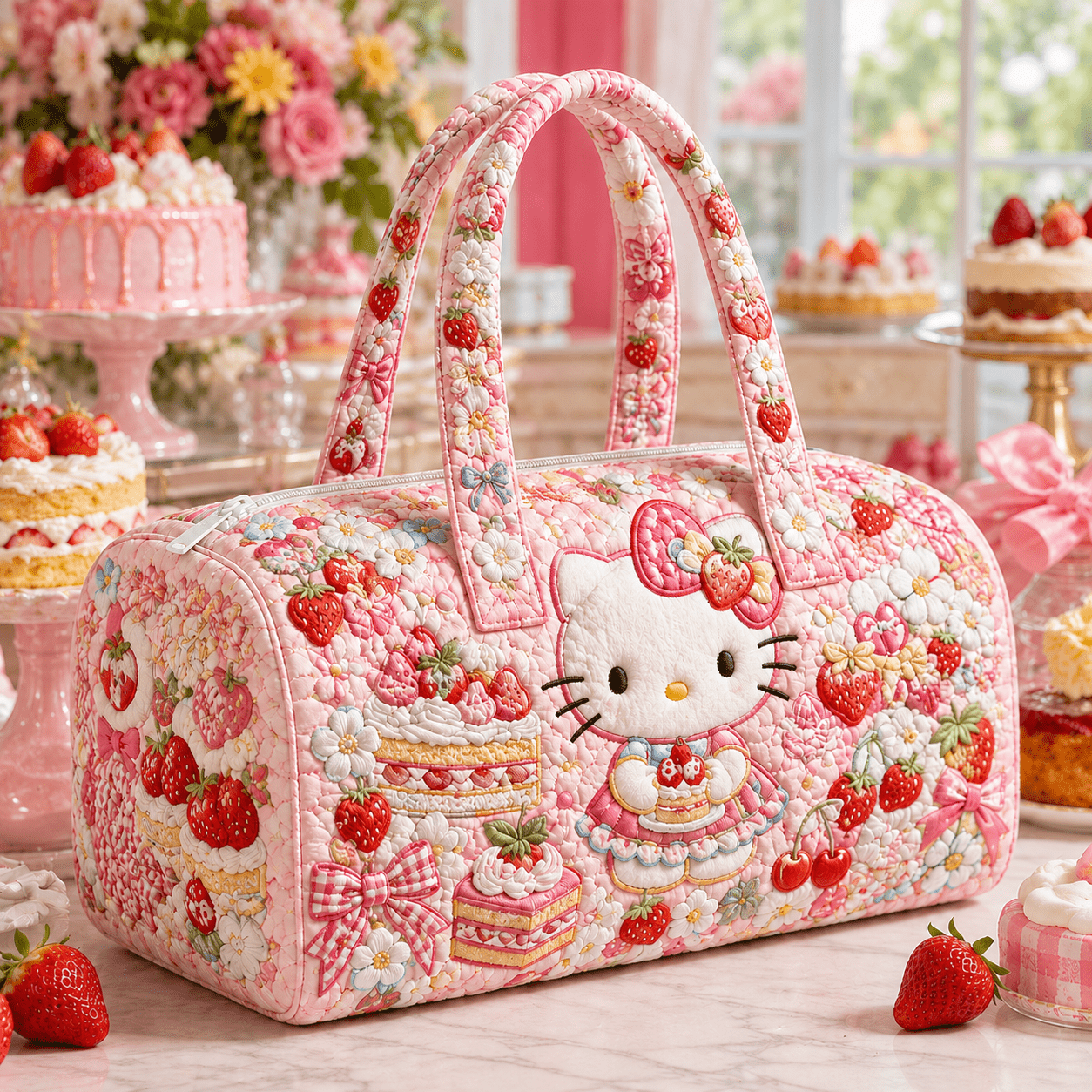 Quilted Hello Kitty Strawberry Cake Travel Bag, Unisex Printed Duffel Bag For Weekend , Camping, Gym, Airport & Casual Outfits, Sweet , Machine Washable, 2 Sizes
