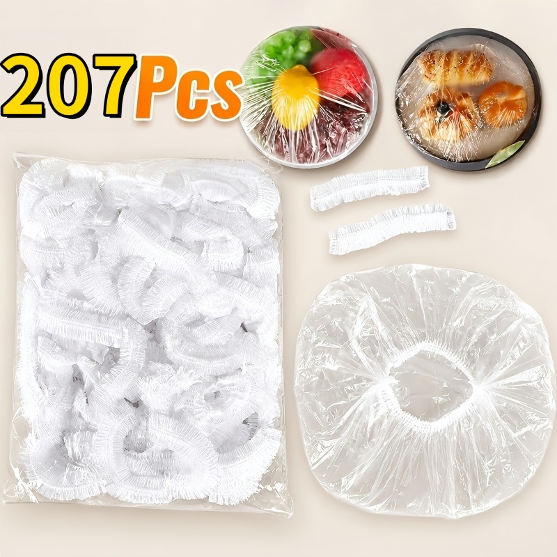 TEMU 207 piezas de cubiertas de alimentos elásticas reutilizables, engrosadas y ampliadas - Cubiertas de plástico transparente estirable para tazones