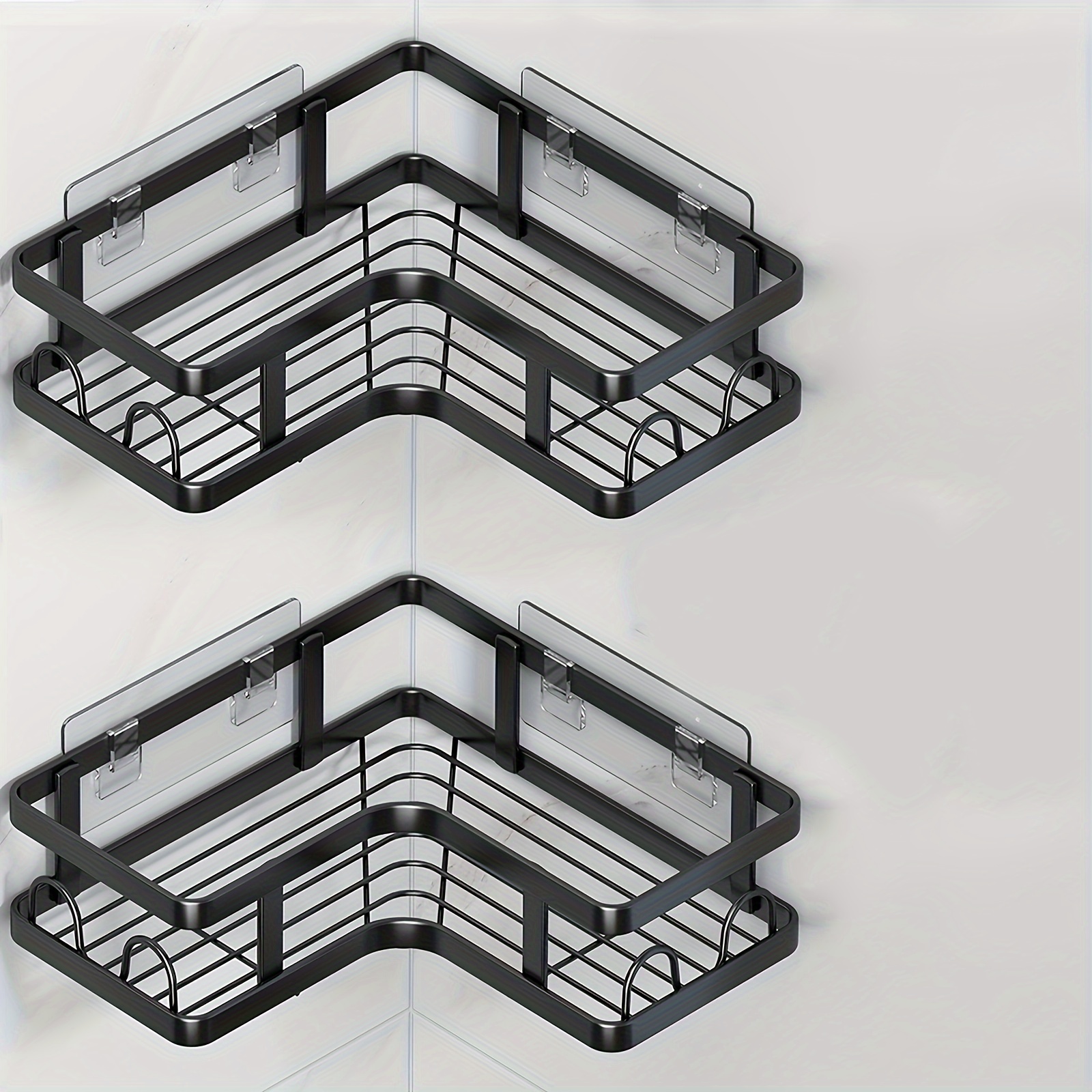TEMU Premium Stainless Steel Shower Corner Caddy- Rust-resistant Wall Mounted Adhesive Shelf With Hooks, For Soap, Shampoo, And Bathroom Essentials- , No Drilling Required, Space-saving Design