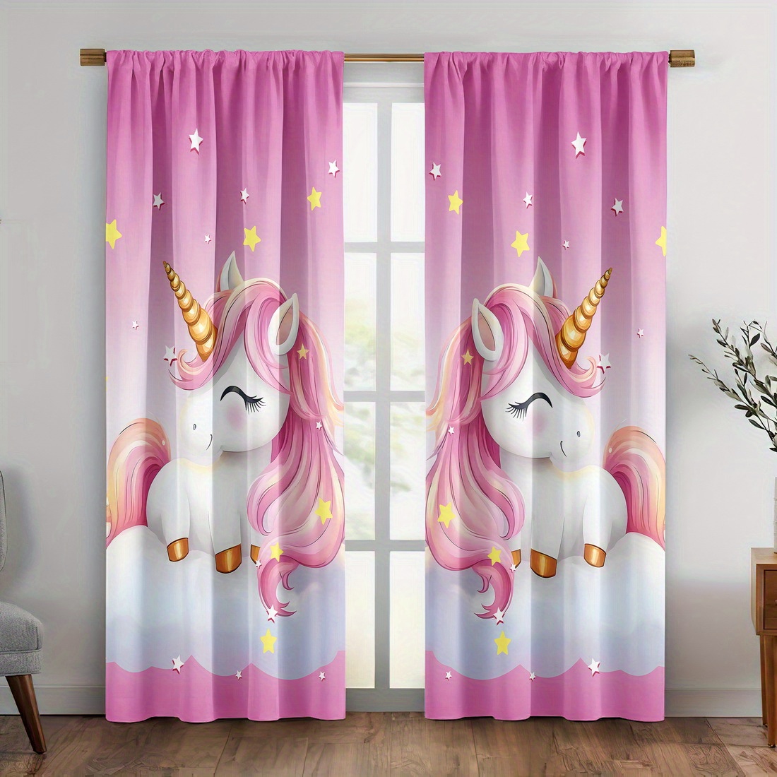 TEMU 2pcs Curtain Fabrics, Cute Unicorn Printing Window Products, Insulation Blackout Curtains For Bedroom, Polyester Machine Washable, Kitchen