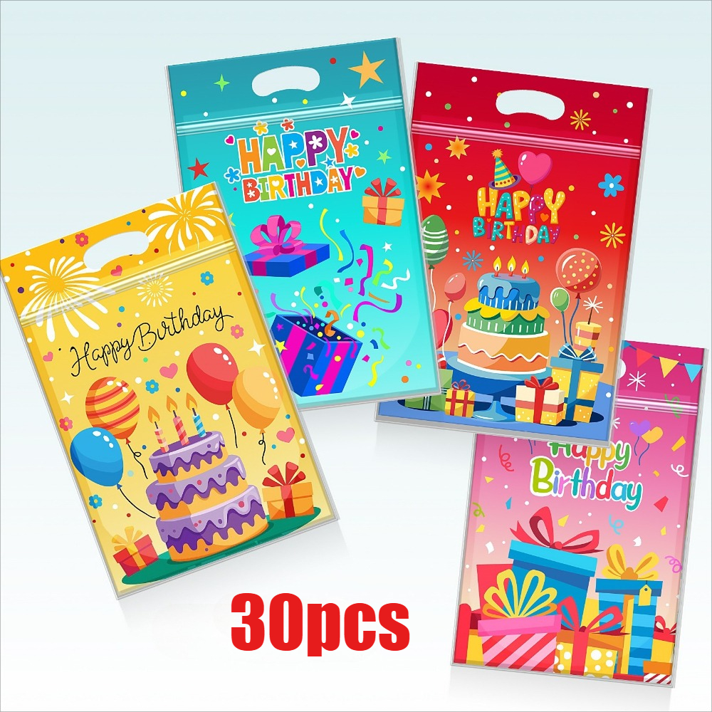E-shop 30er-Set Handgeschenktüten für Geburtstagsfeiern mit selbstversiegelendem Reißverschluss, Ballon- Geschenkmusterdruck, Standbeutel für