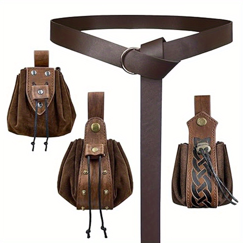 4pcs Medieval O Ring Belt And Drawstring Pouch Set, Retro Faux Leather Belt Bag Dice Bag Portable Coin Purse For Larp