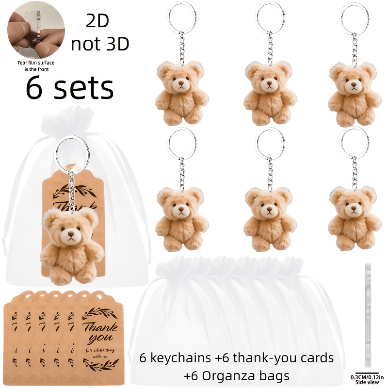 TEMU Lot de 6 porte-clés 2D plats, avec breloques mignons - (6 porte-clés en acrylique 2D, 6 cartes de remerciement et 6 sacs cadeaux en organza),
