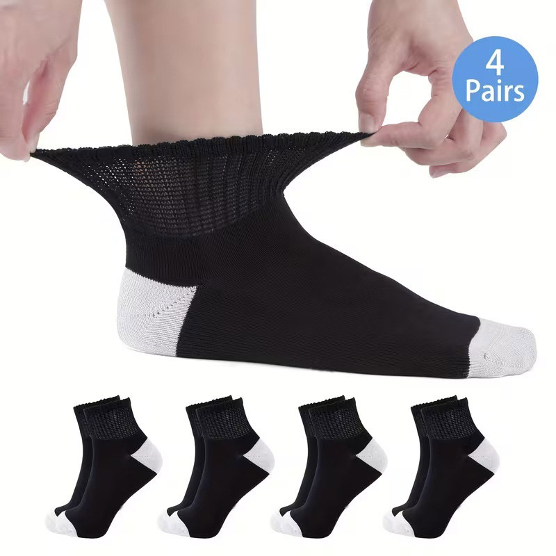 TEMU 4 Pairs Of Extra-wide Diabetic Stockings, Black And White - Designed Not To Constrict The Ankle, Breathable And Moisture-wicking Fabric,