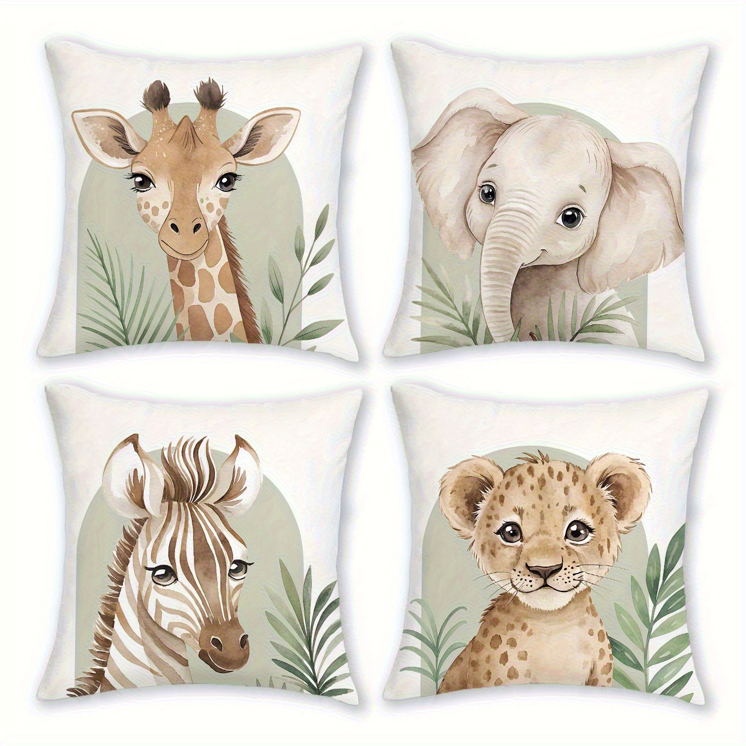 TEMU Lot de 4 taies d'oreiller imprimées 2D à plat, style non naturel, impression (housses uniquement, oreillers). , éléphant, zèbre, léopard et