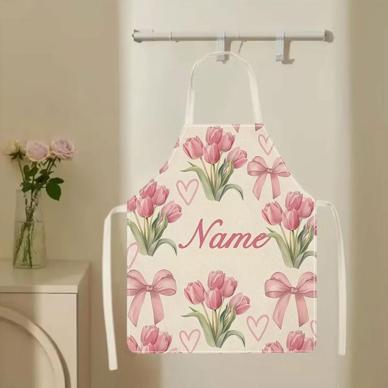 TEMU 1pc Customizable Apron, Pink Tulip And Heart Pattern - Personalized Name Option, Durable Kitchen Cooking Wear, Ideal Gift For Birthdays And