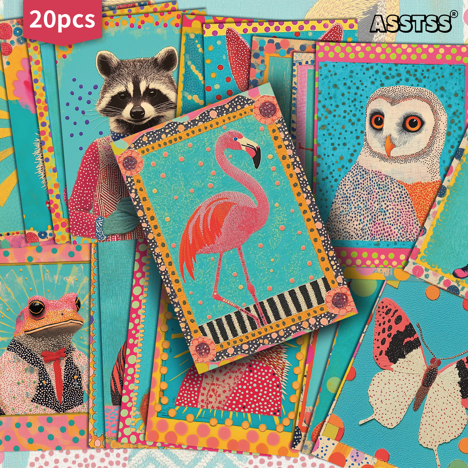 20-pack Asstss Colorful Polka Dot Funky Animal Gift Cards | 4x6 Inches Retro Junk Journal Paper, Classic Pinup Illustrations, Collectible Decorative Painting Cards For Scrapbooking & Crafting