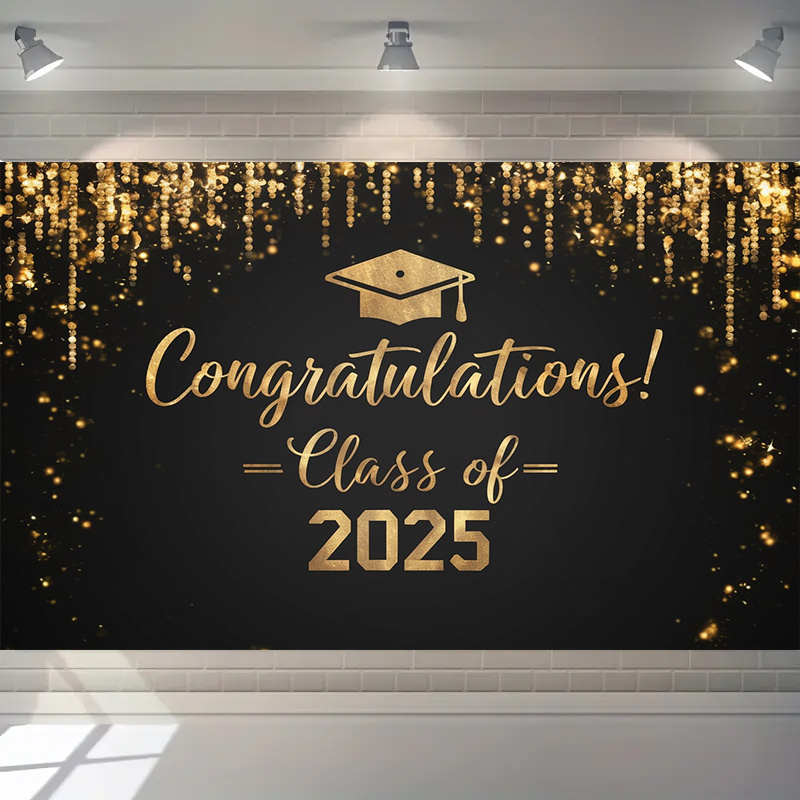 

Graduation Party Backdrop - Black & Golden Glitter Design, Polyester, No Power Needed, Photo Booths & Cake Table Decor, Indoor/outdoor Use, 90.5x70.8in, Graduation Party, Backdrop, , Photo Booth Props