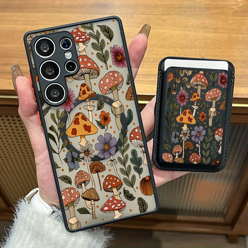 TEMU Phone Case - 2pcs Set Creative Mushroom & Flower Pattern Magnetic Phone Case And Fashionable Luxury Artificial Leather Magnetic Property