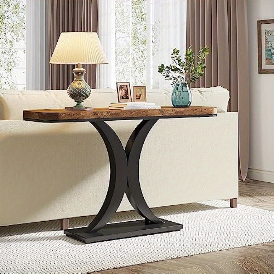 Image of Modern Golden Console Table, 40-inch Narrow Entryway Foyer Table With Geometric Base, Rustic Hallway Accent Table For Living Room, Entrance