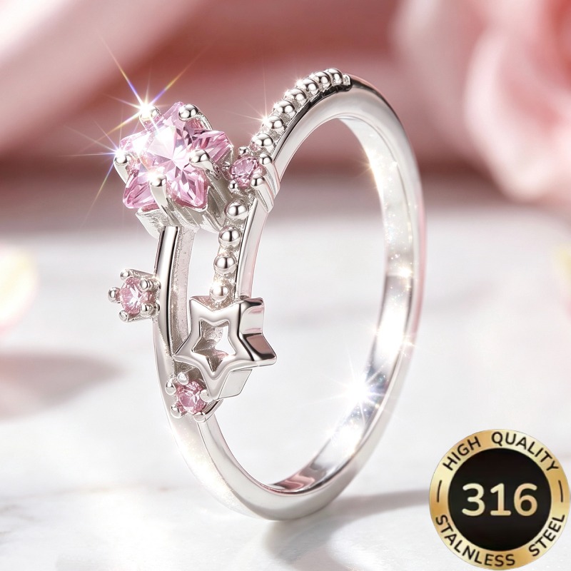 TEMU 1 pièce Bague ouverte réglable de haute qualité en acier inoxydable 316, hypoallergénique, de luxe léger, douce, d'étoile avec motif de