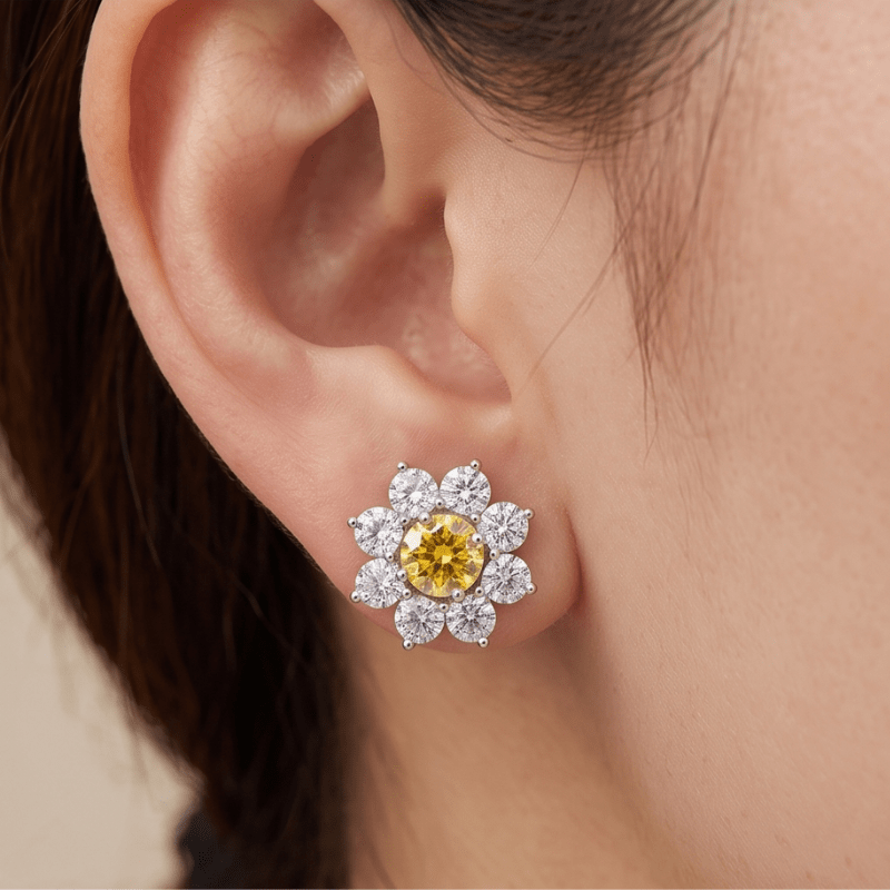 Women's Sunflower Designed Moissanite Stud Earrings Set, Engagement Gift