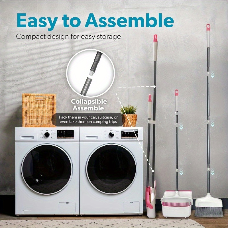 butler   broom and dustpan set - heavy-duty cleaning system with ergonomic stand, lightweight & space-saving combo for hardwood, tile, carpet floors - ideal for kitchen, living room, bathroom, hallway - white & pink with red accent - compatible with angle broom (not included) - ideal for home, office, apartment cleaning Product details 3