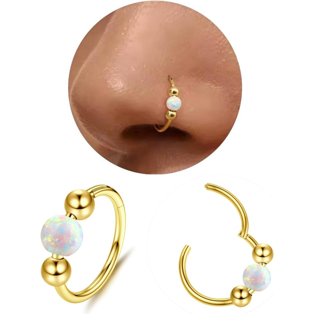 Nose Rings Hoops Opal Nose Piercings Surgical Steel Nose Hoop Thin Hypoallergenic Golden/silvery Nose Rings For Women/men Septum Helix Cartilage Daith Rook Tragus Lip Hoop Earrings 16g/18g/20g