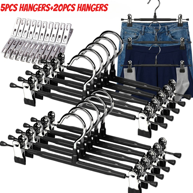 TEMU Widened 30cm Long Stainless Steel Pants Hanger Set (5 Hangers And 25 Stainless Steel Clips) With Adjustable Clips, Anti Slip Skirt Hanger, Space