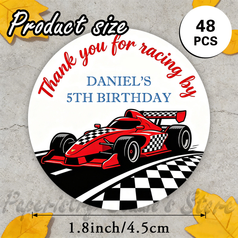 TEMU Custom 48/96pcs Thank You Round Stickers, Personalized Name Age Etc, Red Car Checkered Flag , For Race Party Favors, Gift Box Seals, Envelope