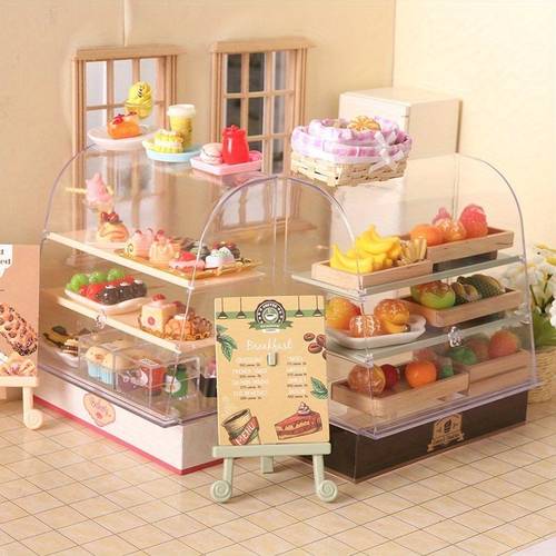 14pcs set of miniature cake display cabinet and food set 1 12 scale dollhouse decoration model photography prop miniature landscape craft 1 display cabinet 1 menu sign 12 miniature food items