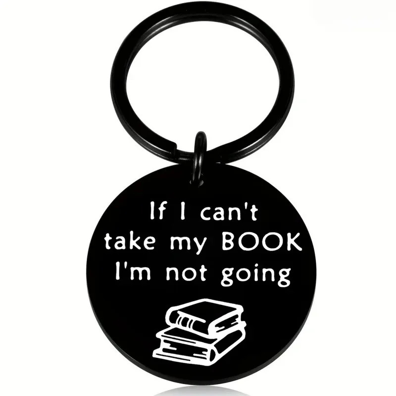 TEMU 1pc Black Stainless Steel Keychain, Round Keyring With Stack Of Books Silhouette, Engraved "'t Take Going" Funny Quote, Book Lover Gift For