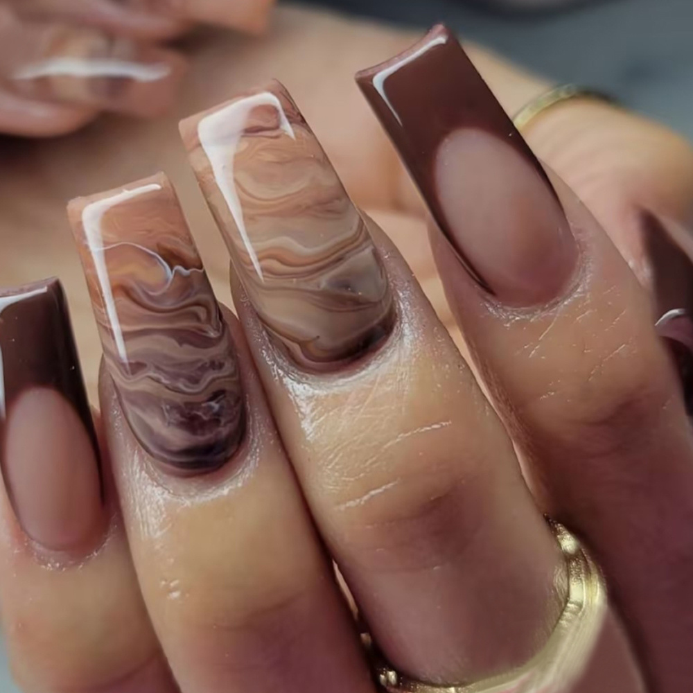 TEMU 24pcs European-style Medium Water Pipe Reddish Brown Simple And Elegant Glossy Press-on Fake Nails, Cool Ombre High-end Wearable Nails, Press-on
