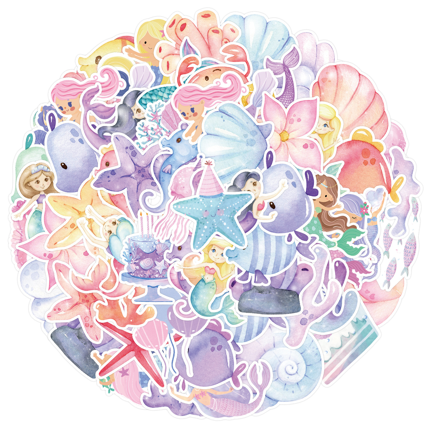 Image of Set Of 50 Watercolor Mermaid-themed Stickers For Decorating Bags, Water Bottles, Phones, Laptops, Skateboards, And Suitcases