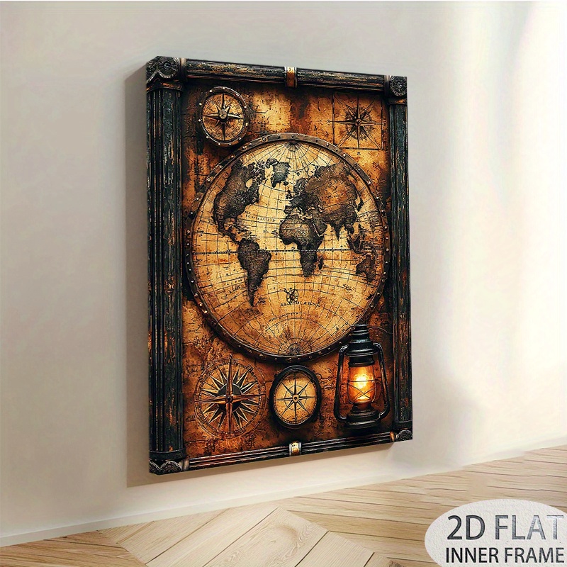 TEMU 1pc Vintage World Map Canvas Wall Art With Recycled Wood Frame - & & Lantern Decor, 12x16 Inch Ready-to-hang Travel-themed Painting For Living