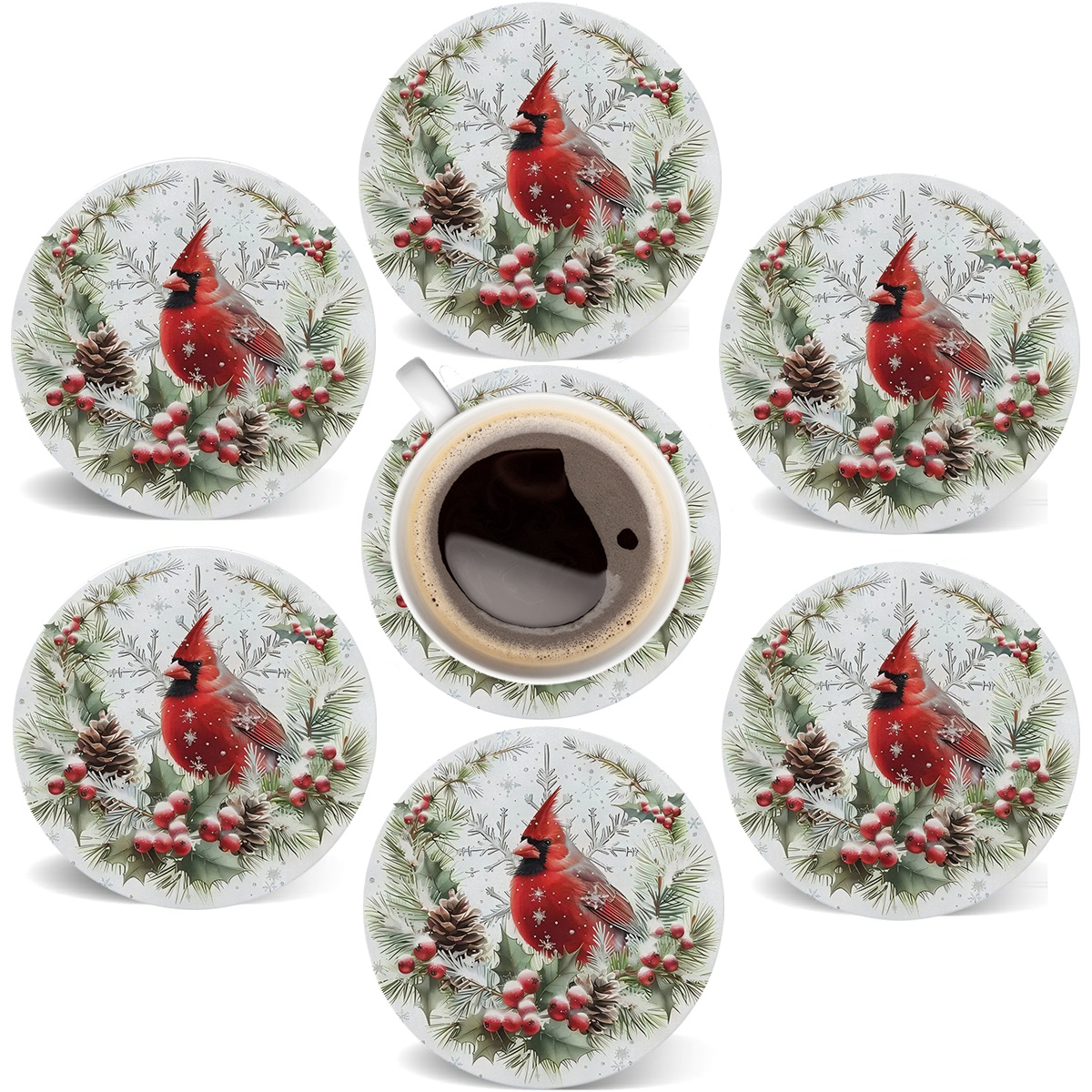 A Set Of 6 Wooden Coasters Featuring Christmas And , With Pinecones And Berries, Perfect For Holiday-themed Drinks, Suitable For Coffee Tables, Home Decor, And Gifts For Father's Day, , Easter