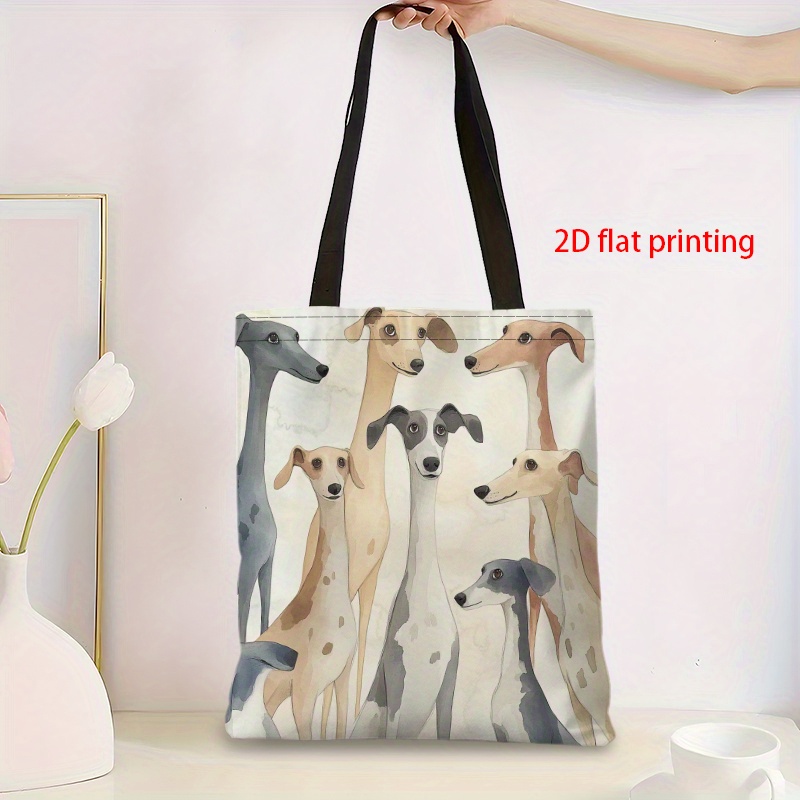 TEMU 1pc Cute Greyhound & Whippet Dog Pattern Tote Bag - Durable Polyester Reusable Shopping Bag With Sturdy Handles, 13.19x14.96 Inch For Women,