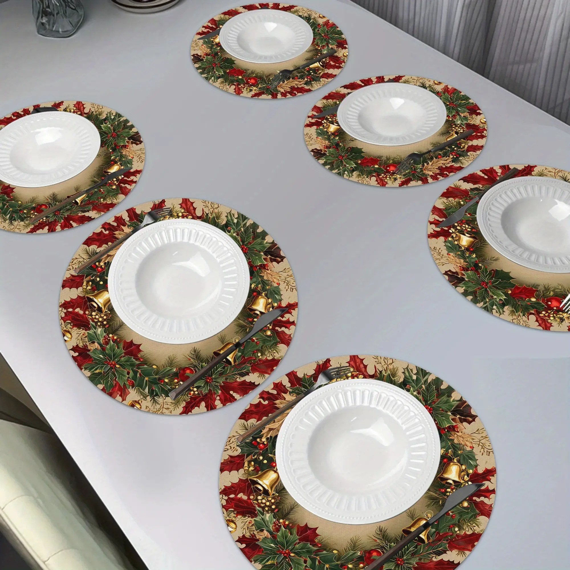 Image of 6pcs Christmas Atmosphere And Festival Merry Christmas For Kitchen And Dining Table Tray Mat, Round Tray Mat, 15*15 Inch Round Tray Mat Dining Table Mats For Dining