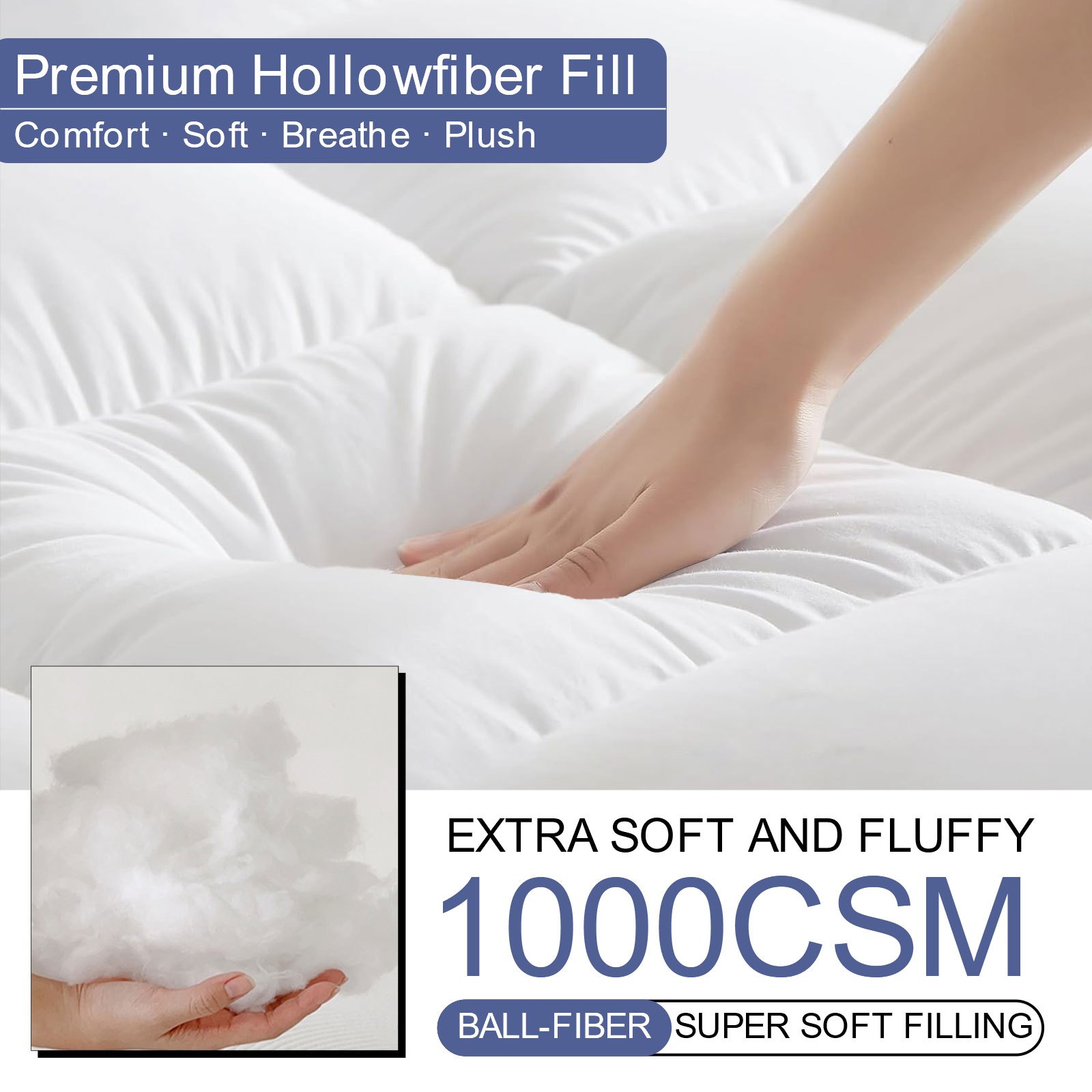 10cm Hotel Quality Mattress Topper | Super Soft with 1000GSM Hollowfiber Filling | Elasticized Corner Straps | White Blue Grey | Single, Small Double (4ft), Double, King, Super King Size