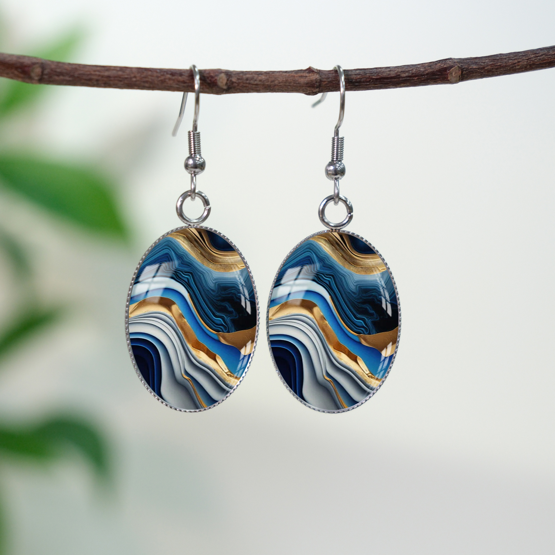 TEMU Boucles d'oreilles pendantes cabochon en verre bleu et doré - Bijoux unisexe en acier inoxydable 316 316, pile